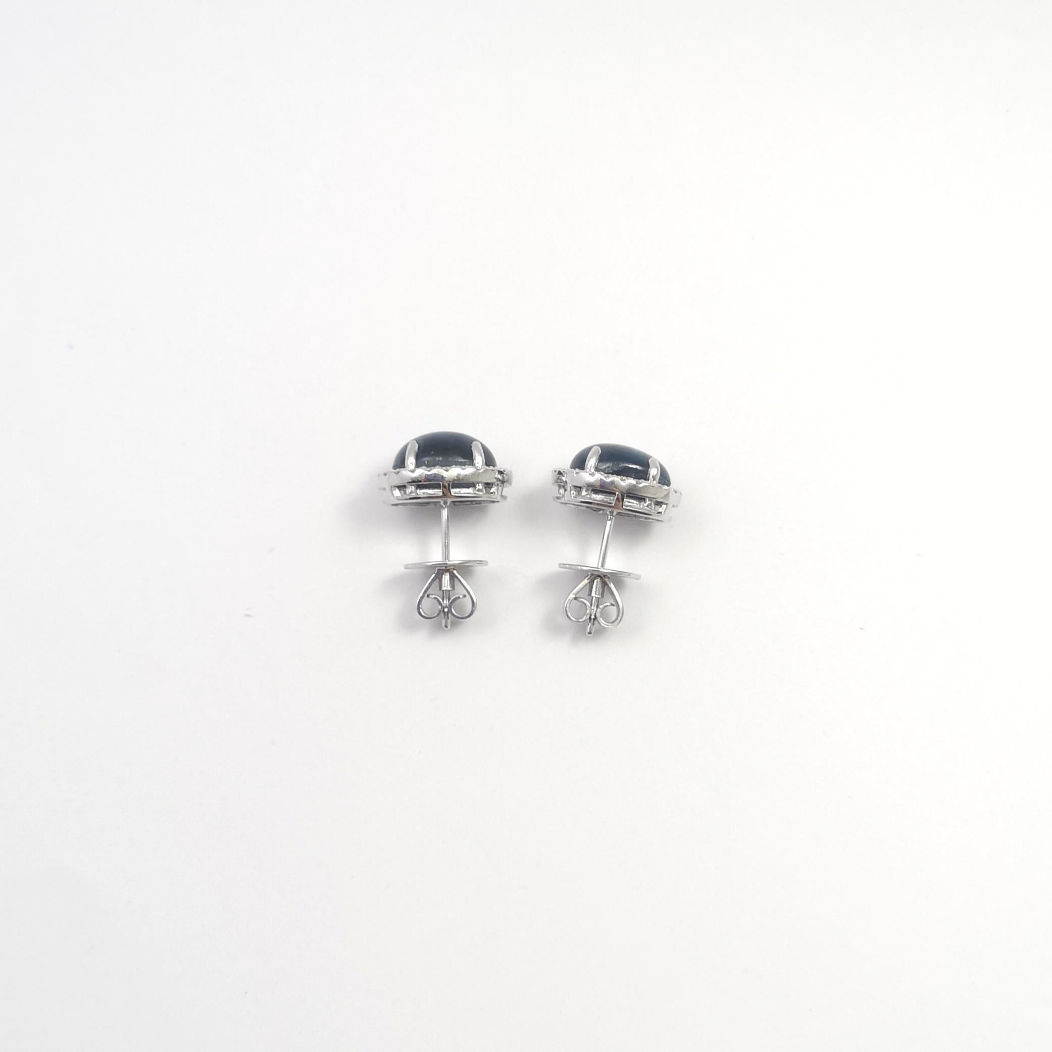 Blue Star Sapphire with Diamond Earrings set in 18K White Gold Settings For Sale 1