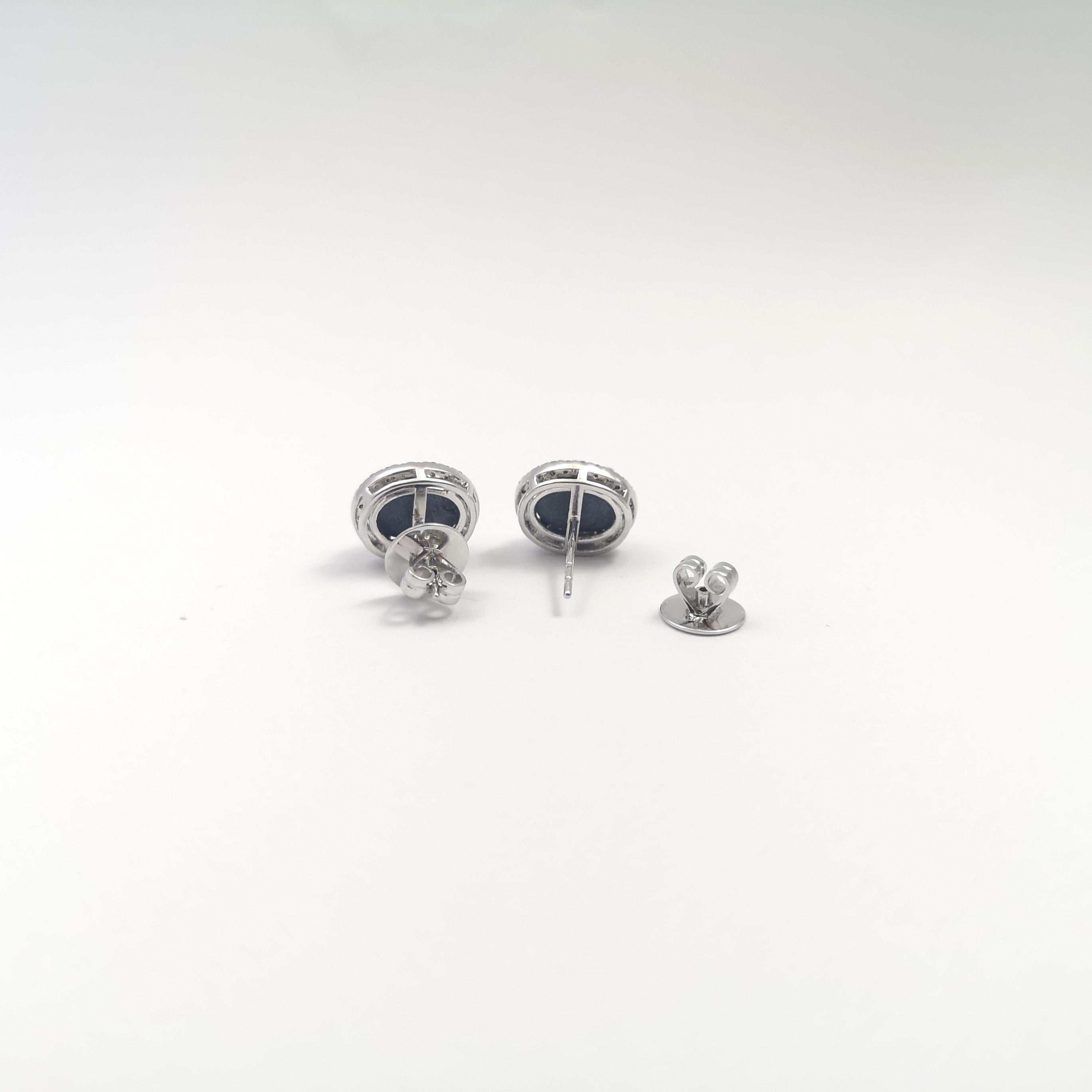 Blue Star Sapphire with Diamond Earrings set in 18K White Gold Settings For Sale 2