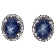 Blue Star Sapphire with Diamond Earrings set in 18K White Gold Settings