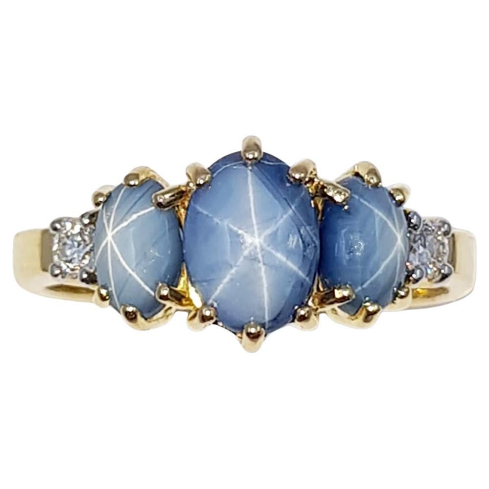 Blue Star Sapphire with Diamond Ring Et in 18 Karat Gold Settings For Sale