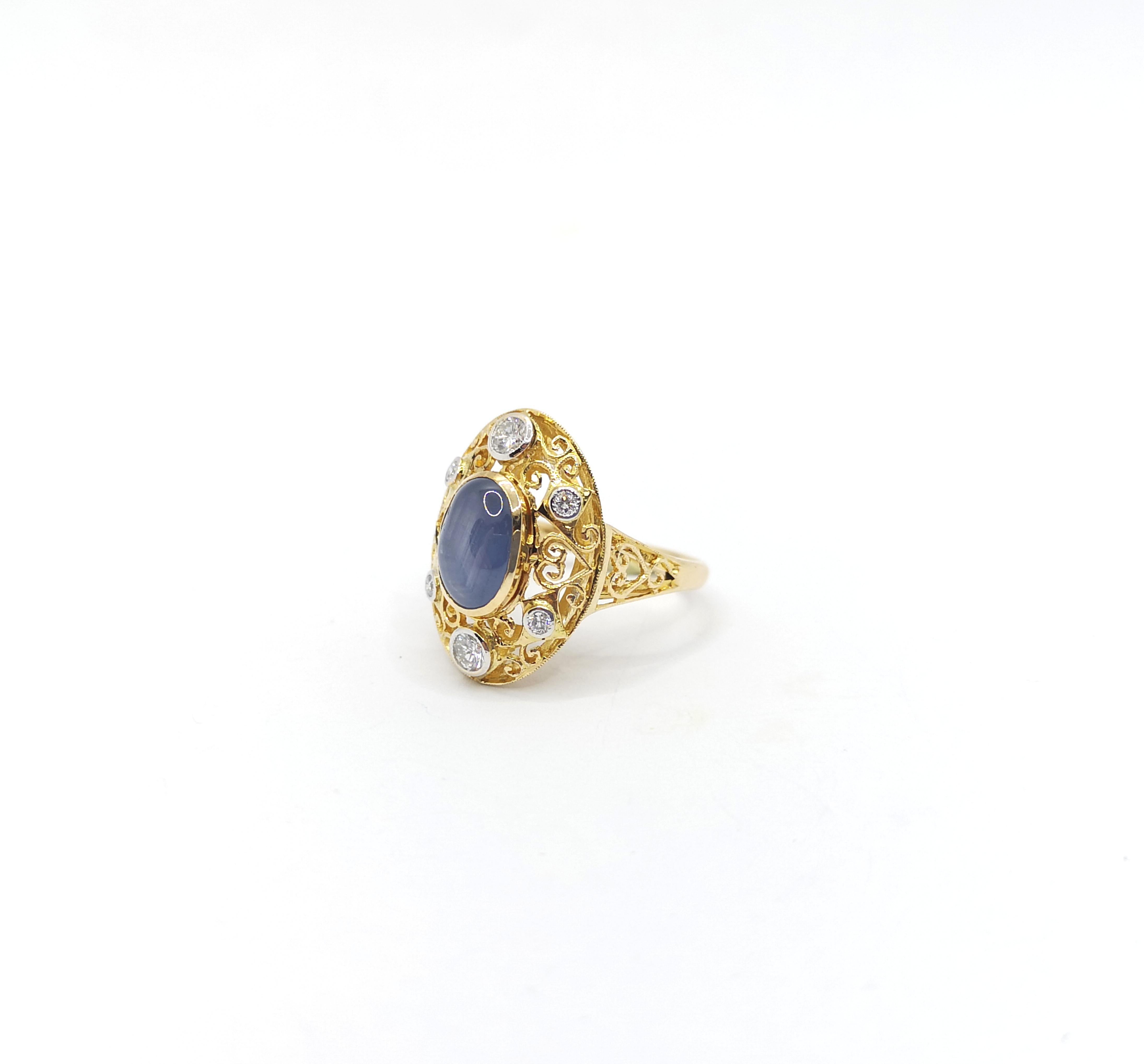 Blue Star Sapphire with Diamond Ring set in 14K Gold Settings For Sale 4