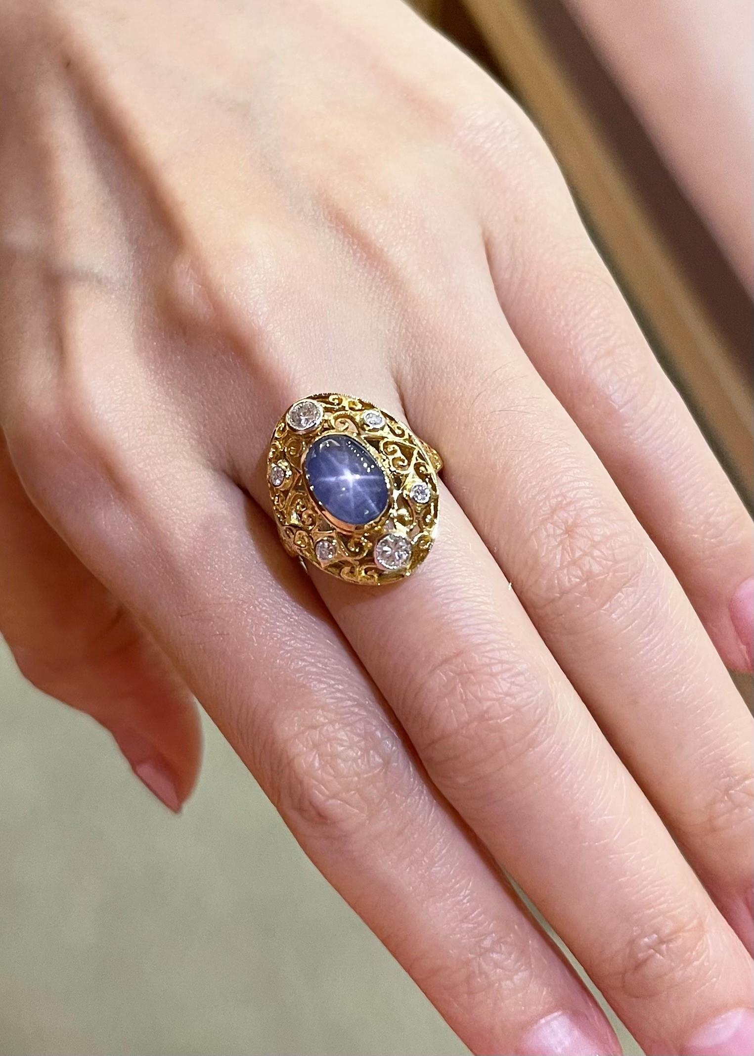 Contemporary Blue Star Sapphire with Diamond Ring set in 14K Gold Settings For Sale