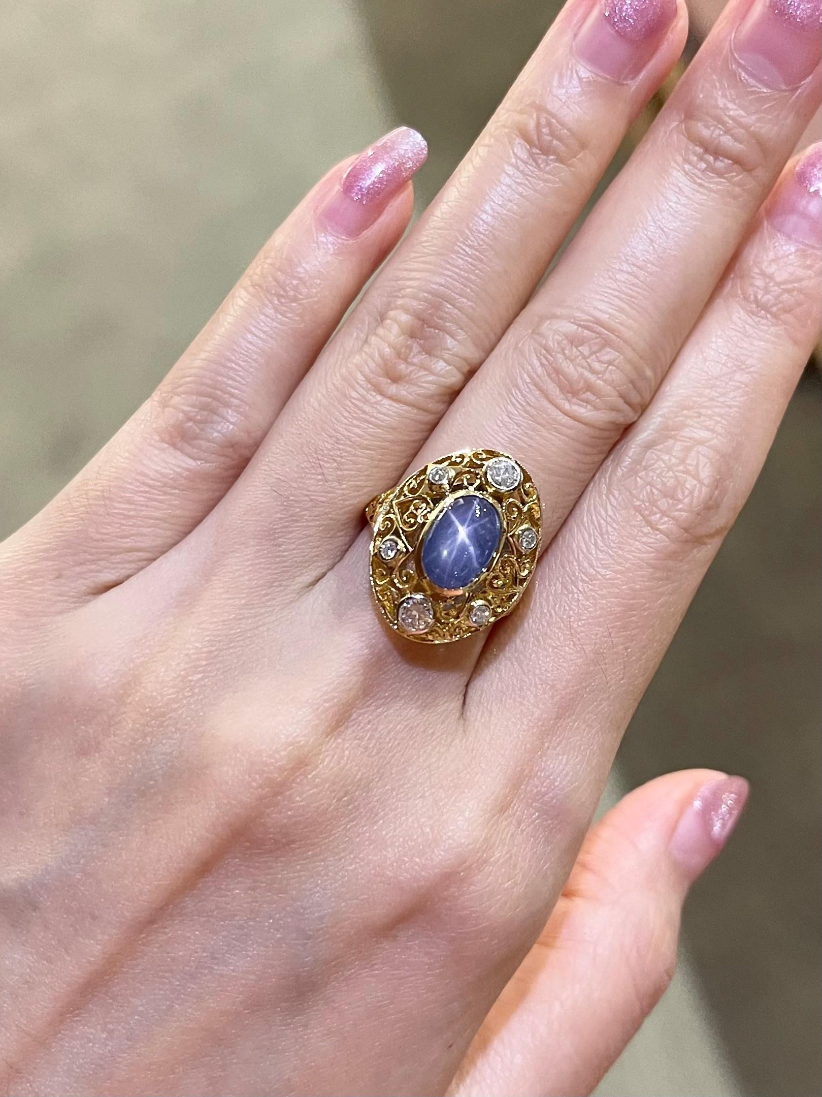 Uncut Blue Star Sapphire with Diamond Ring set in 14K Gold Settings For Sale