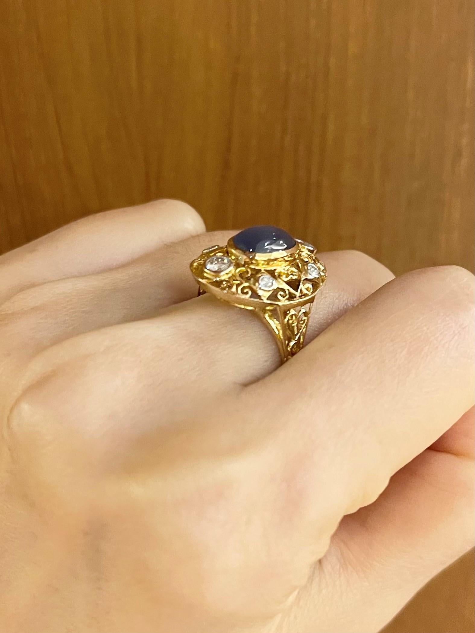 Women's Blue Star Sapphire with Diamond Ring set in 14K Gold Settings For Sale