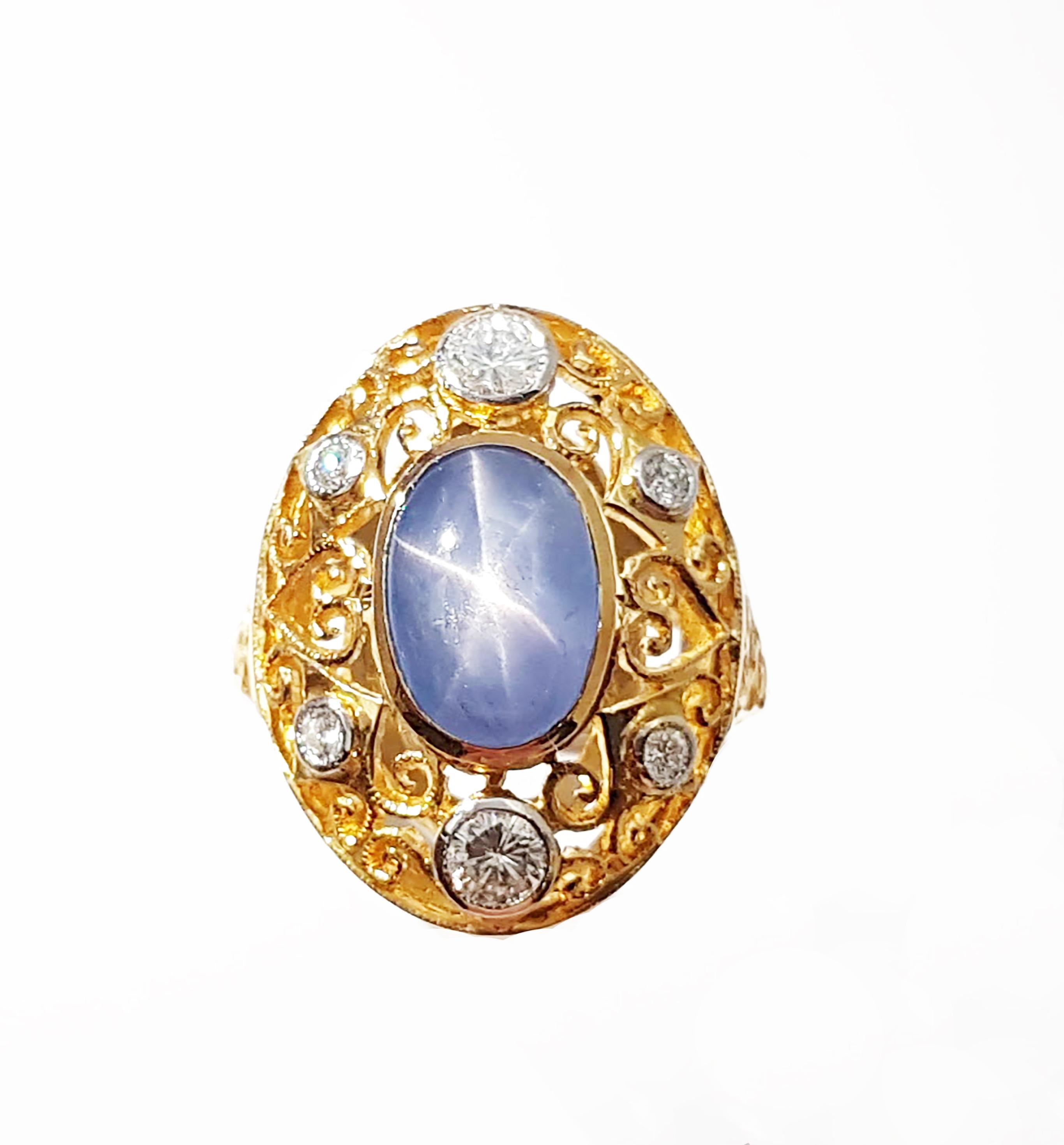 Blue Star Sapphire with Diamond Ring set in 14K Gold Settings For Sale 1