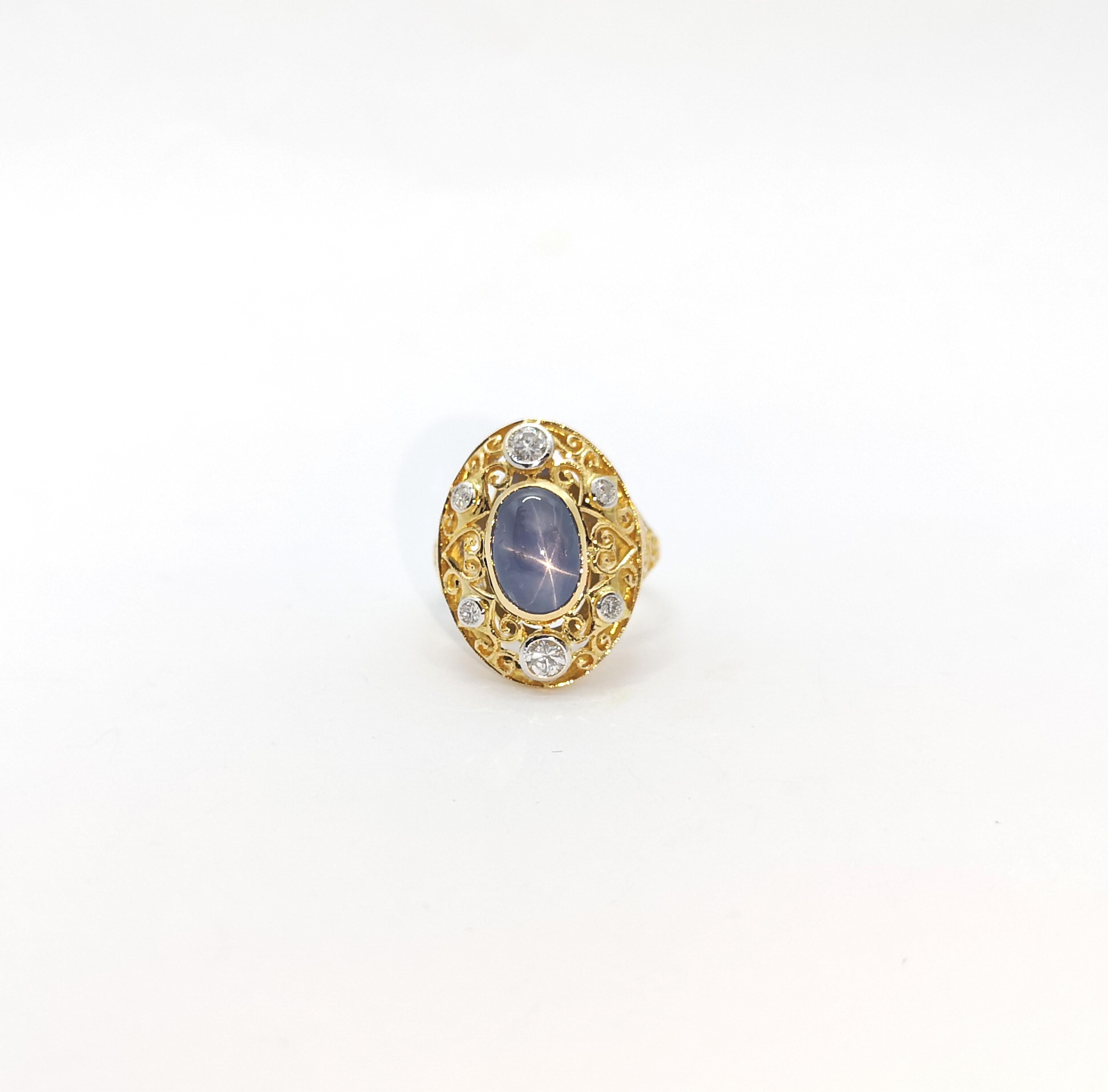 Blue Star Sapphire with Diamond Ring set in 14K Gold Settings For Sale 3