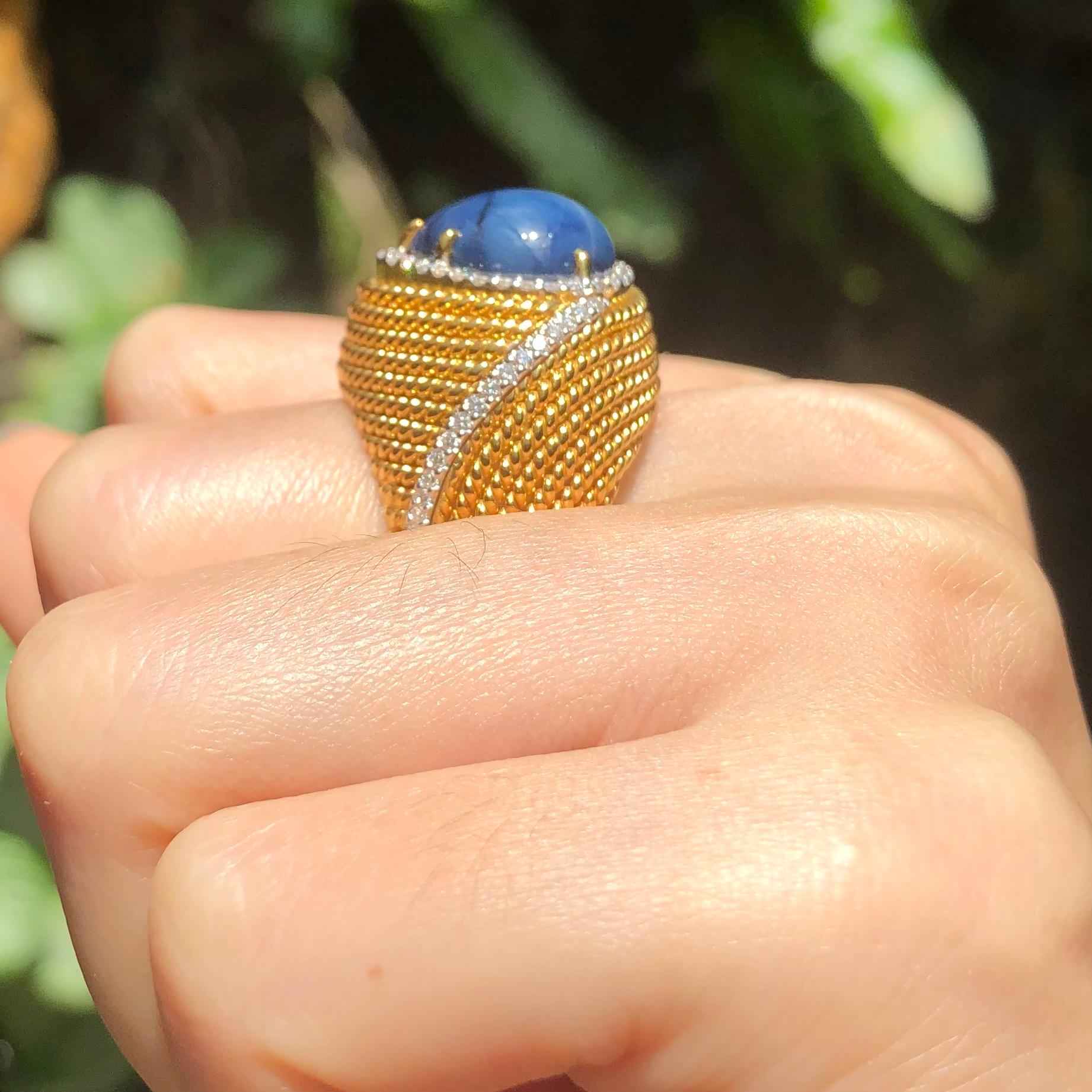 Cabochon Blue Star Sapphire with Diamond Ring Set in 18 Karat Gold Settings For Sale