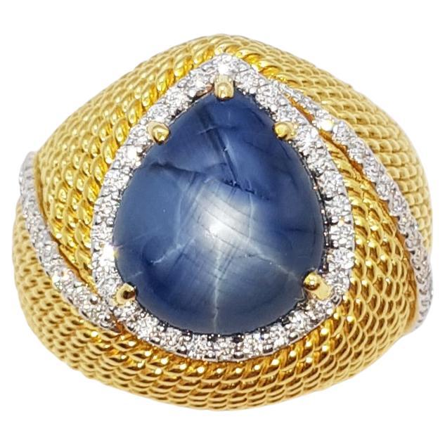 Blue Star Sapphire with Diamond Ring Set in 18 Karat Gold Settings For Sale