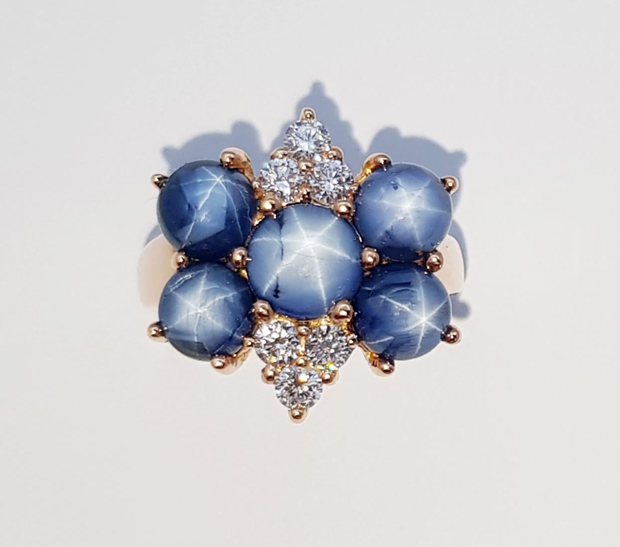 Blue Star Sapphire with Diamond Ring Set in 18 Karat Rose Gold Settings For Sale 5