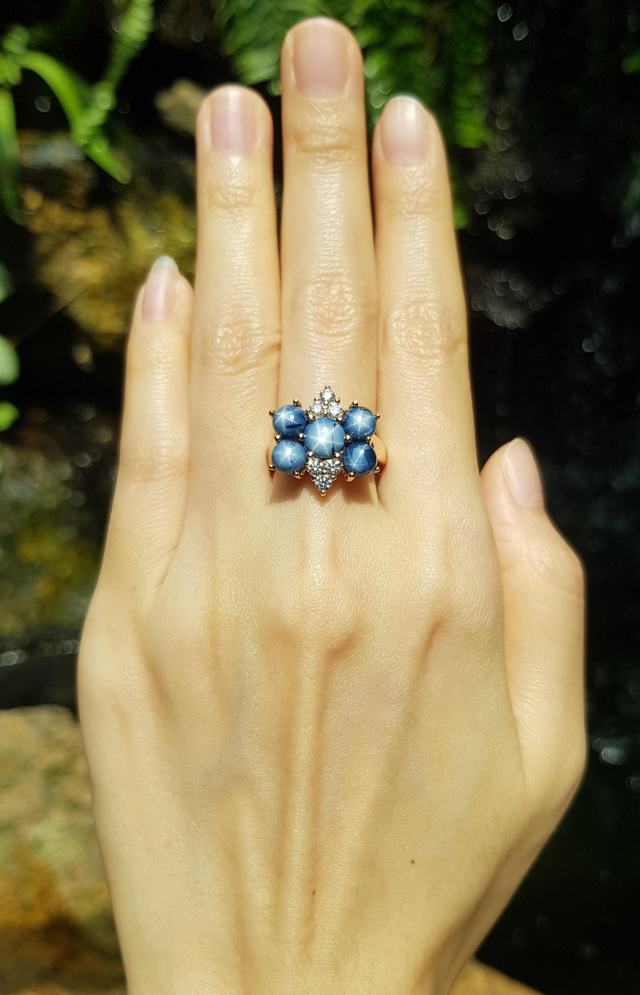 Blue Star Sapphire 5.59 carats with Diamond 0.42 carat Ring set in 18 Karat Rose Gold Settings

Width:  1.7 cm 
Length: 1.7 cm
Ring Size: 53
Total Weight: 8.54 grams



