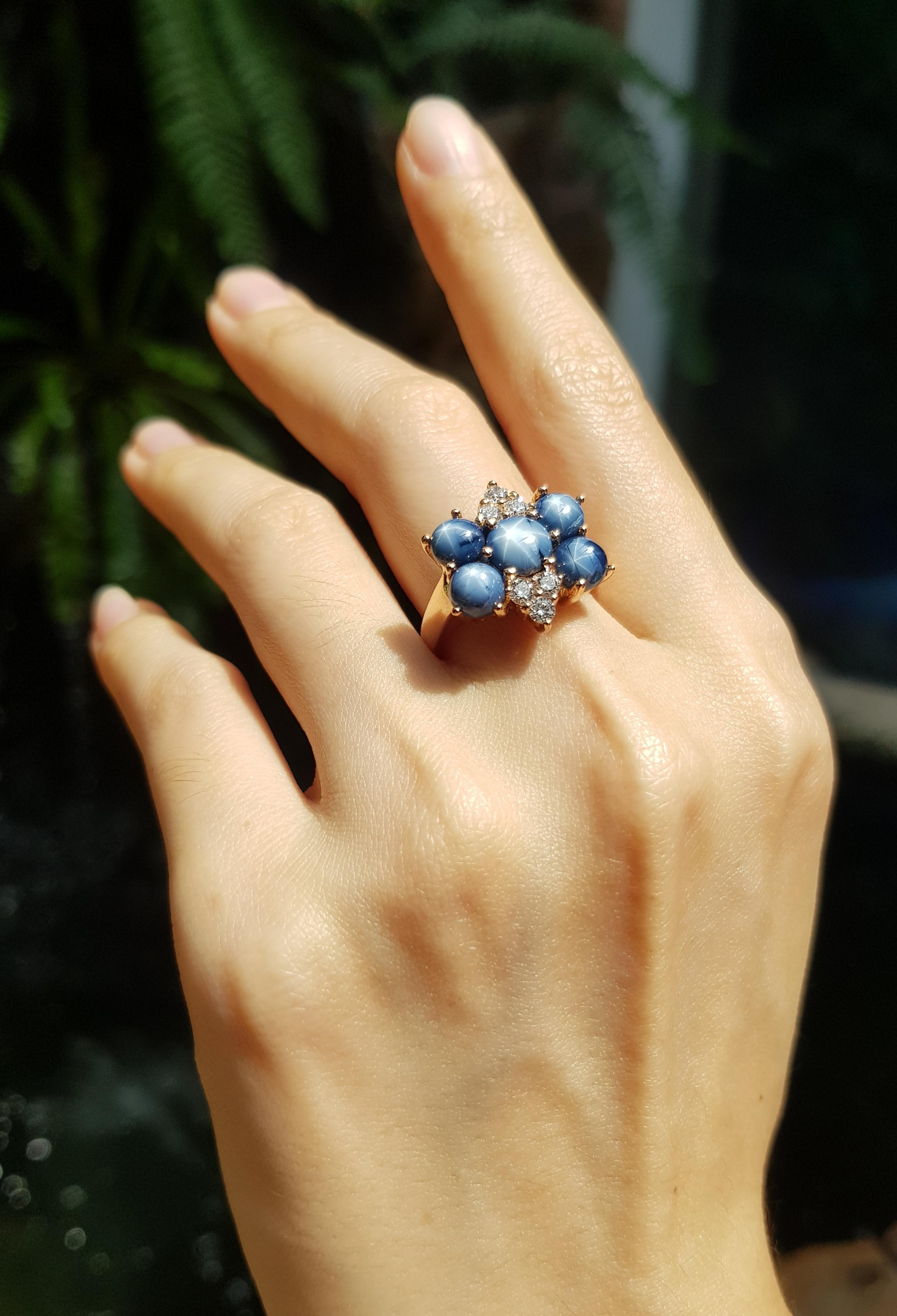 Cabochon Blue Star Sapphire with Diamond Ring Set in 18 Karat Rose Gold Settings For Sale