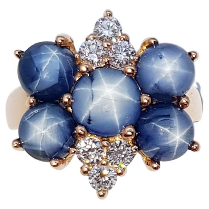 Blue Star Sapphire with Diamond Ring Set in 18 Karat Rose Gold Settings For Sale
