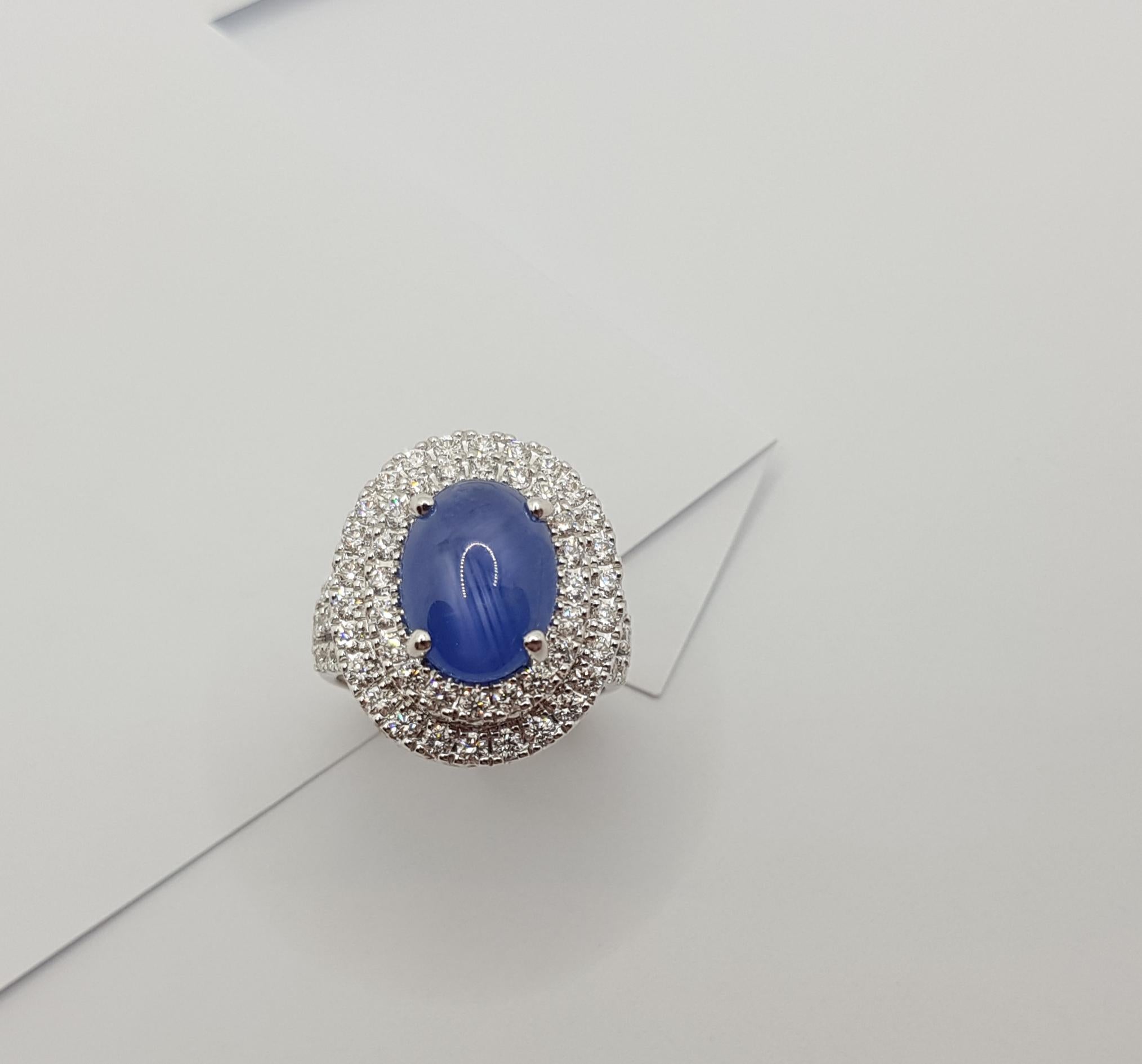 Blue Star Sapphire with Diamond Ring Set in 18 Karat White Gold Settings For Sale 4