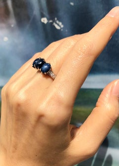 Blue Star Sapphire with Diamond Ring Set in 18 Karat White Gold Settings