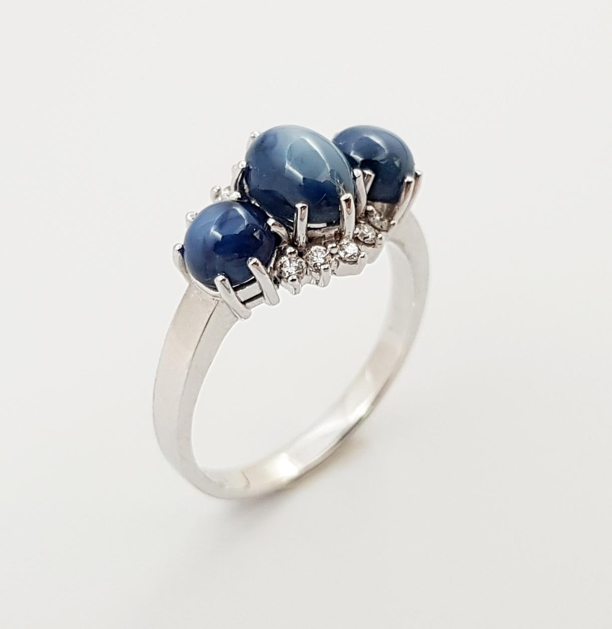 Cabochon Blue Star Sapphire with Diamond Ring Set in 18 Karat White Gold Settings For Sale