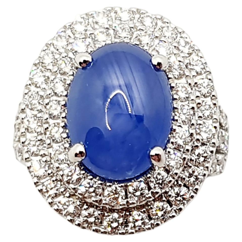 Blue Star Sapphire with Diamond Ring Set in 18 Karat White Gold Settings