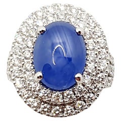 Blue Star Sapphire with Diamond Ring Set in 18 Karat White Gold Settings