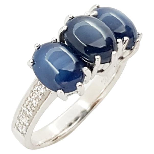 Blue Star Sapphire with Diamond Ring Set in 18 Karat White Gold Settings For Sale