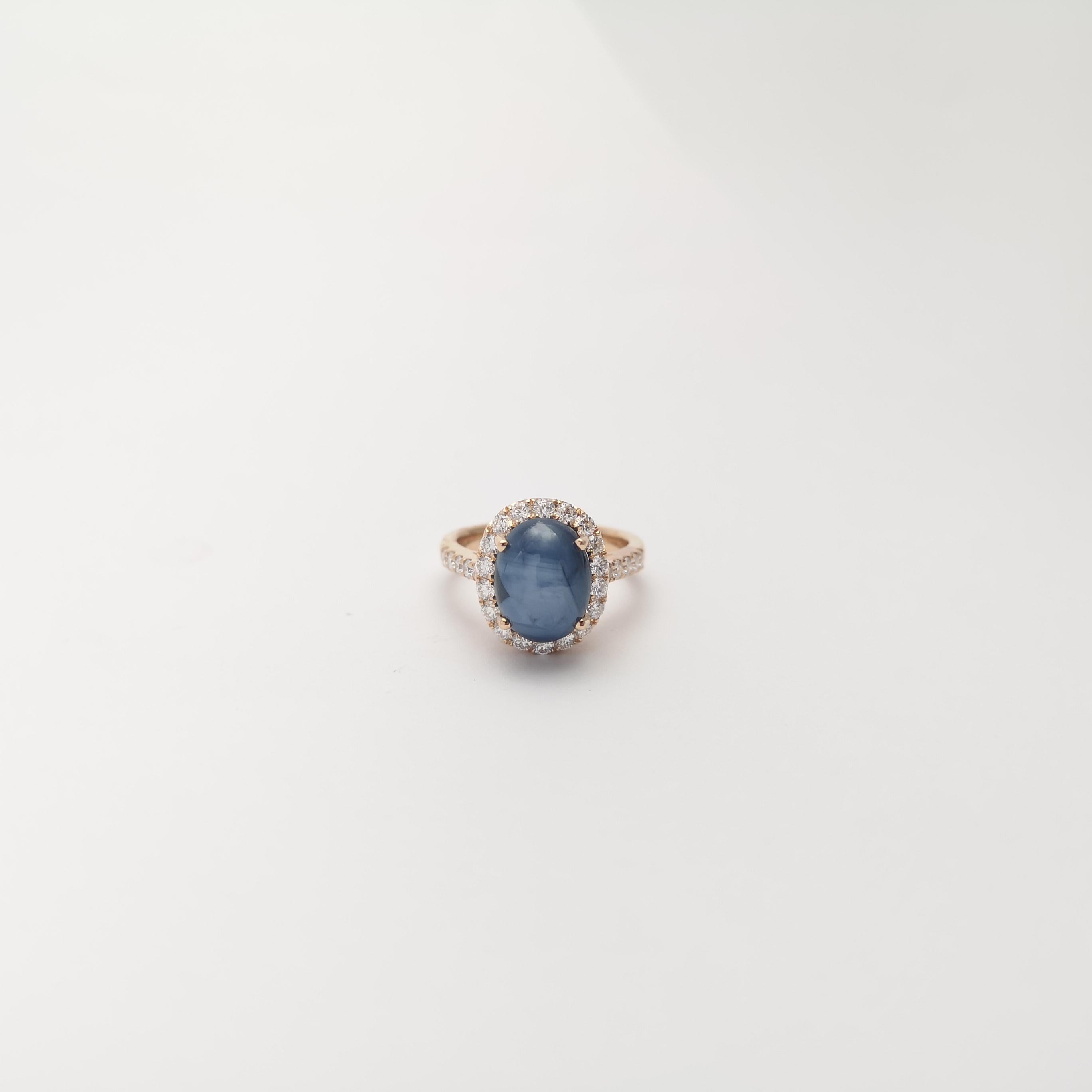 Blue Star Sapphire with Diamond Ring set in 18K Rose Gold Settings For Sale 4