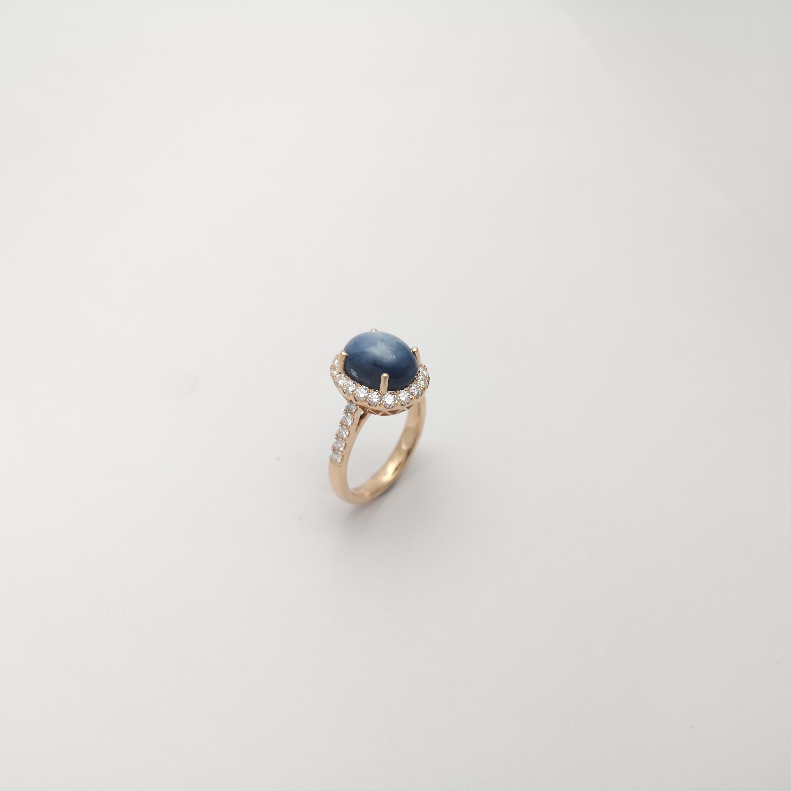 Blue Star Sapphire with Diamond Ring set in 18K Rose Gold Settings For Sale 7