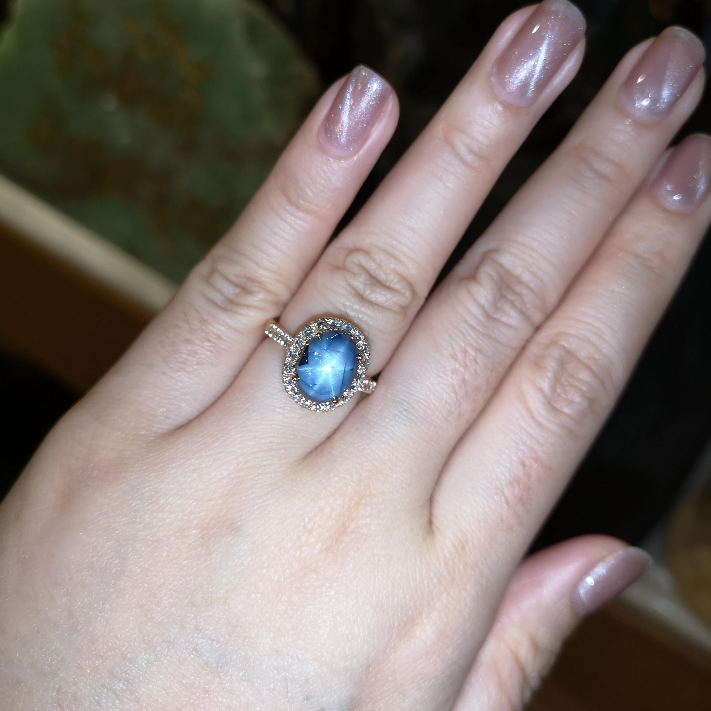 Blue Star Sapphire 7.71 carats with Diamond 0.85 carat Ring set in 18K Rose Gold Settings

Width:  1.2 cm 
Length: 1.5 cm
Ring Size: 55
Total Weight: 8.01 grams

