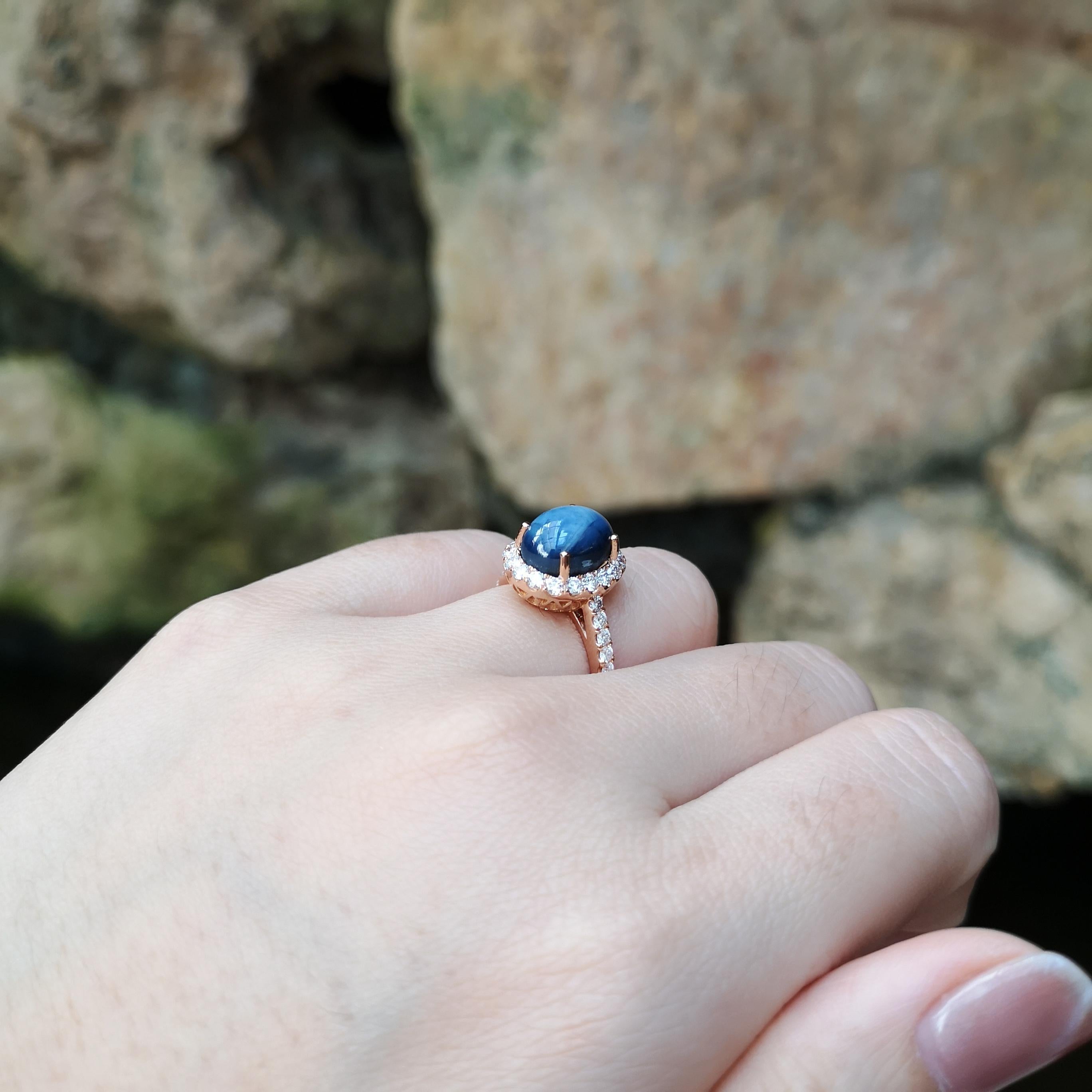 Uncut Blue Star Sapphire with Diamond Ring set in 18K Rose Gold Settings For Sale
