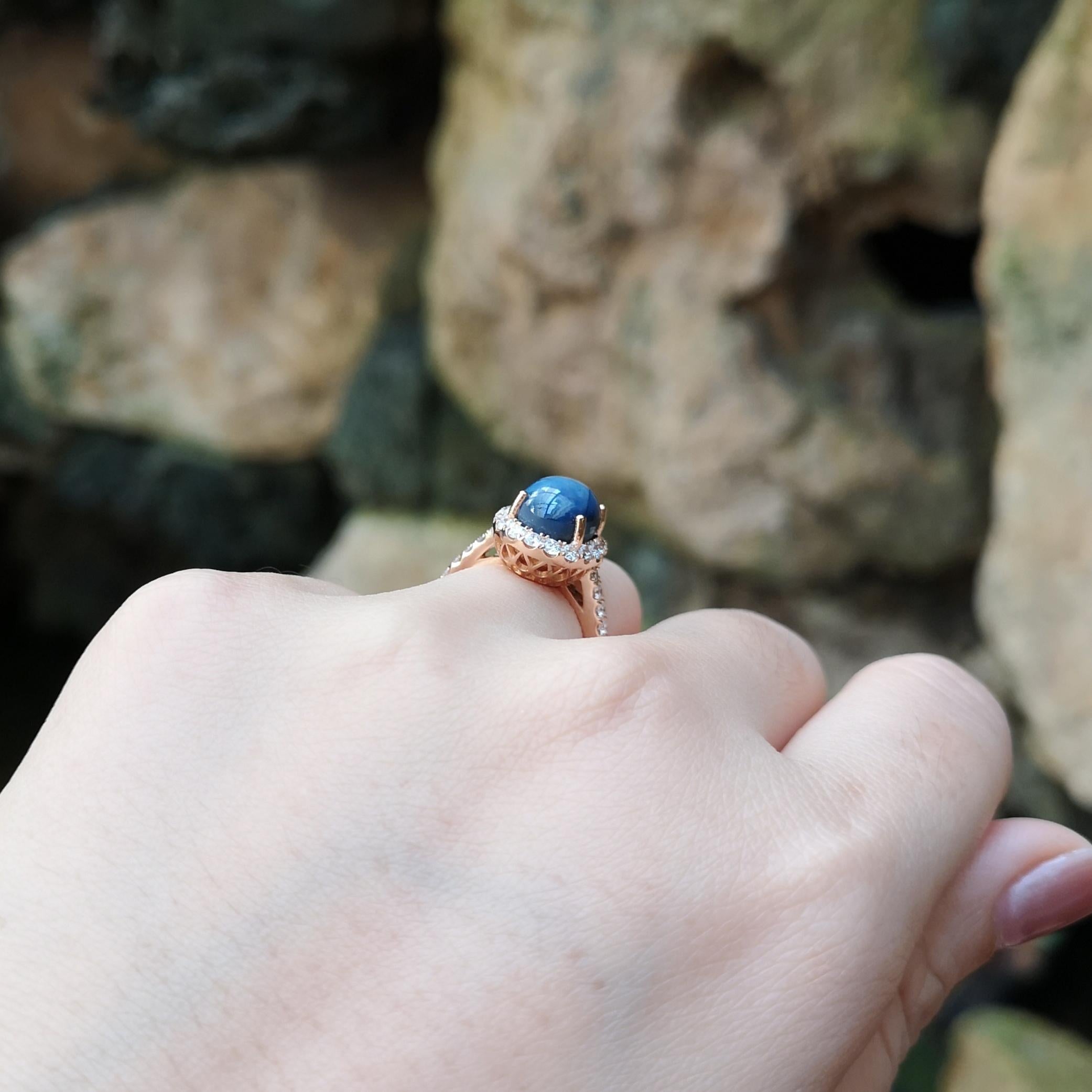 Women's Blue Star Sapphire with Diamond Ring set in 18K Rose Gold Settings For Sale