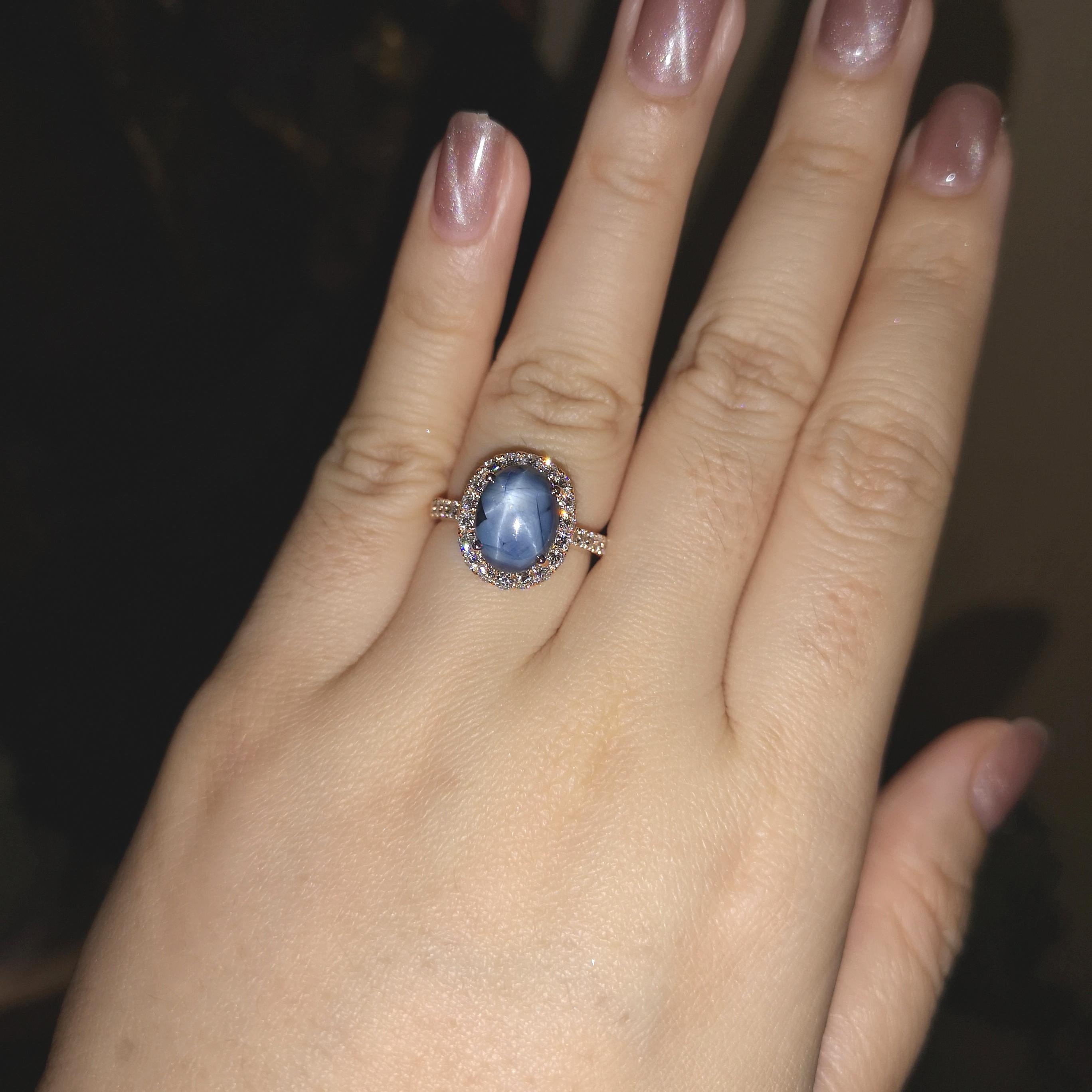 Blue Star Sapphire with Diamond Ring set in 18K Rose Gold Settings For Sale 1
