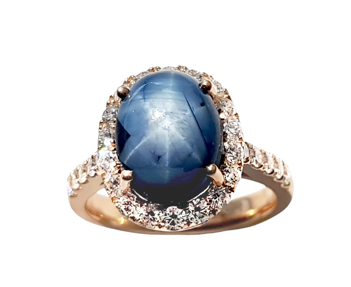 Blue Star Sapphire with Diamond Ring set in 18K Rose Gold Settings For Sale 2