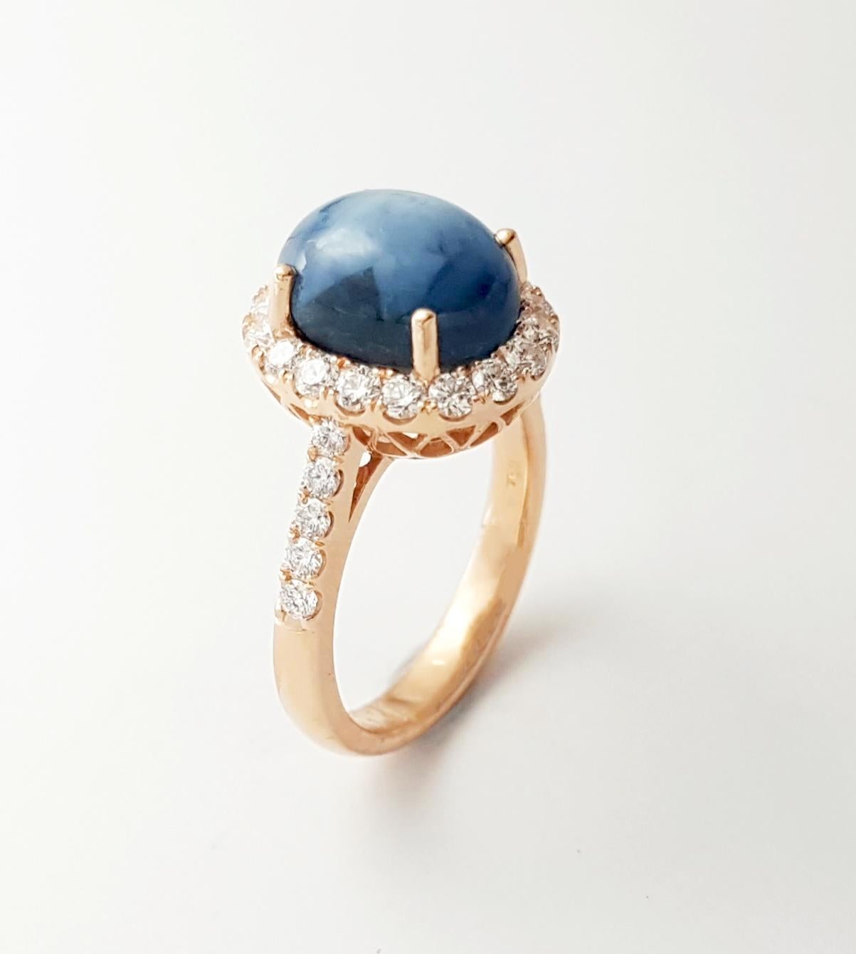 Blue Star Sapphire with Diamond Ring set in 18K Rose Gold Settings For Sale 3
