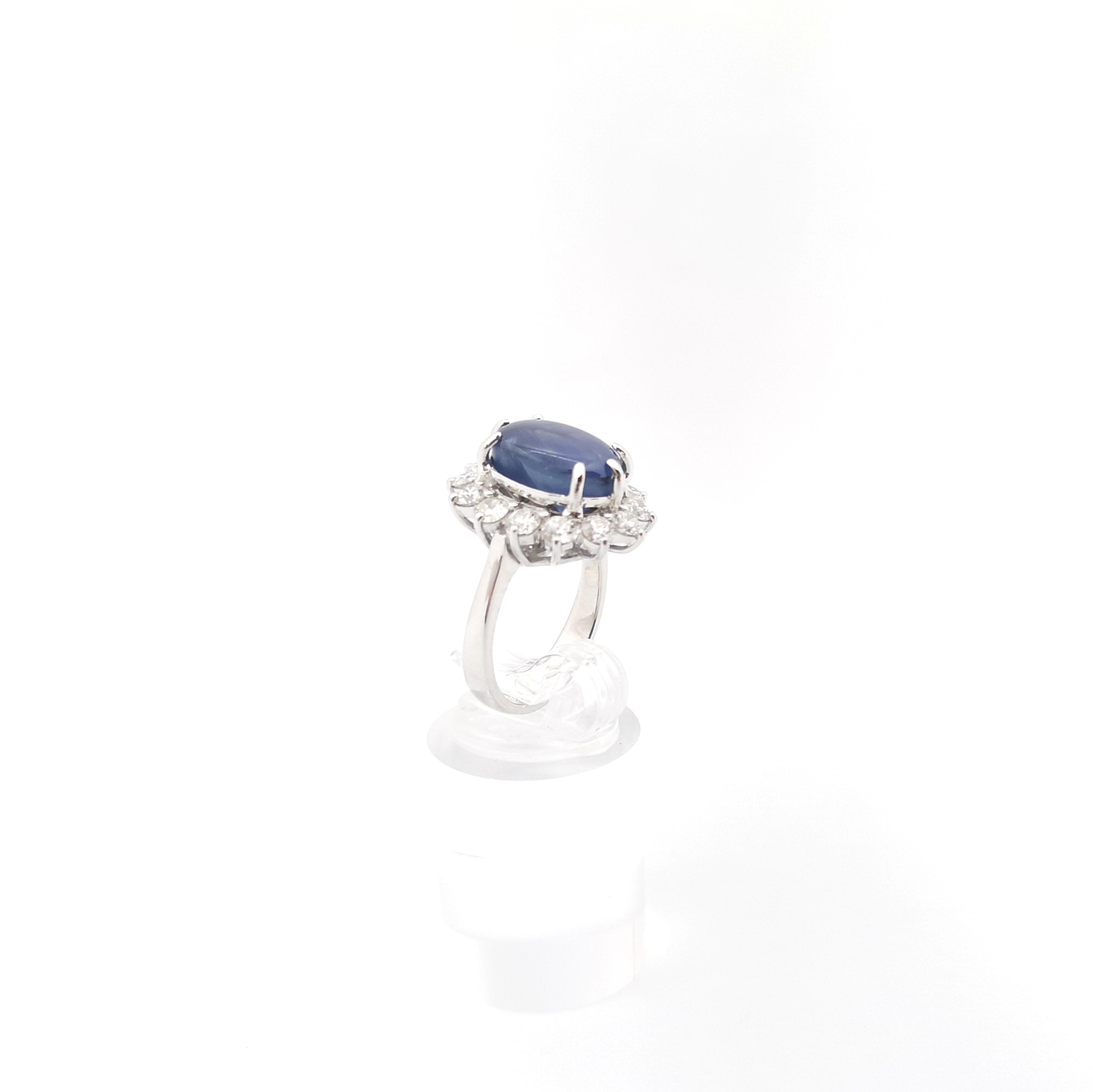 Blue Star Sapphire with Diamond Ring set in 18K White Gold Settings For Sale 5