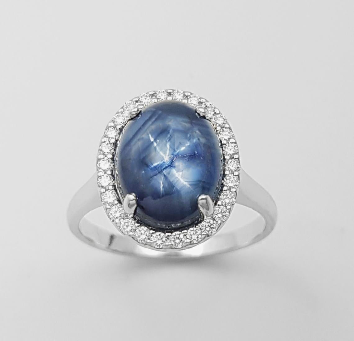 Blue Star Sapphire with Diamond Ring set in 18K White Gold Settings For Sale 5
