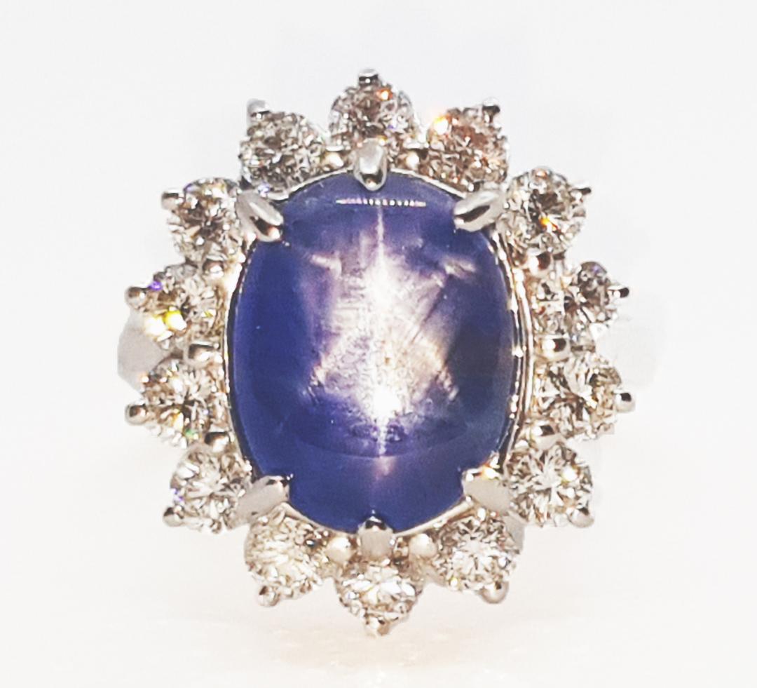Blue Star Sapphire with Diamond Ring set in 18K White Gold Settings For Sale 6