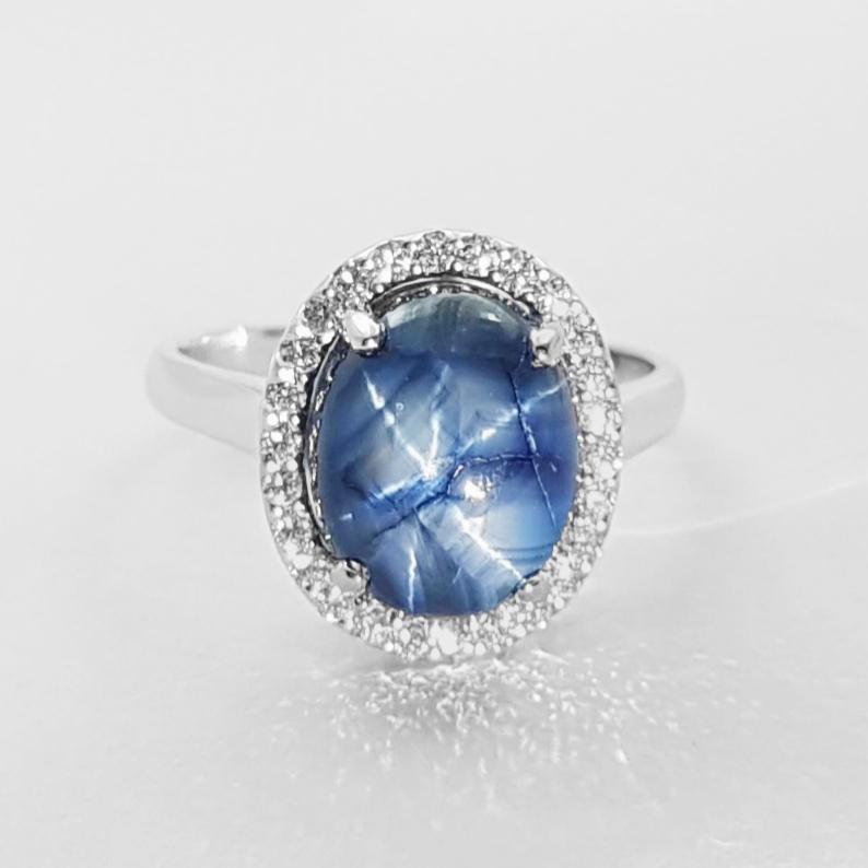 Blue Star Sapphire with Diamond Ring set in 18K White Gold Settings For Sale 6