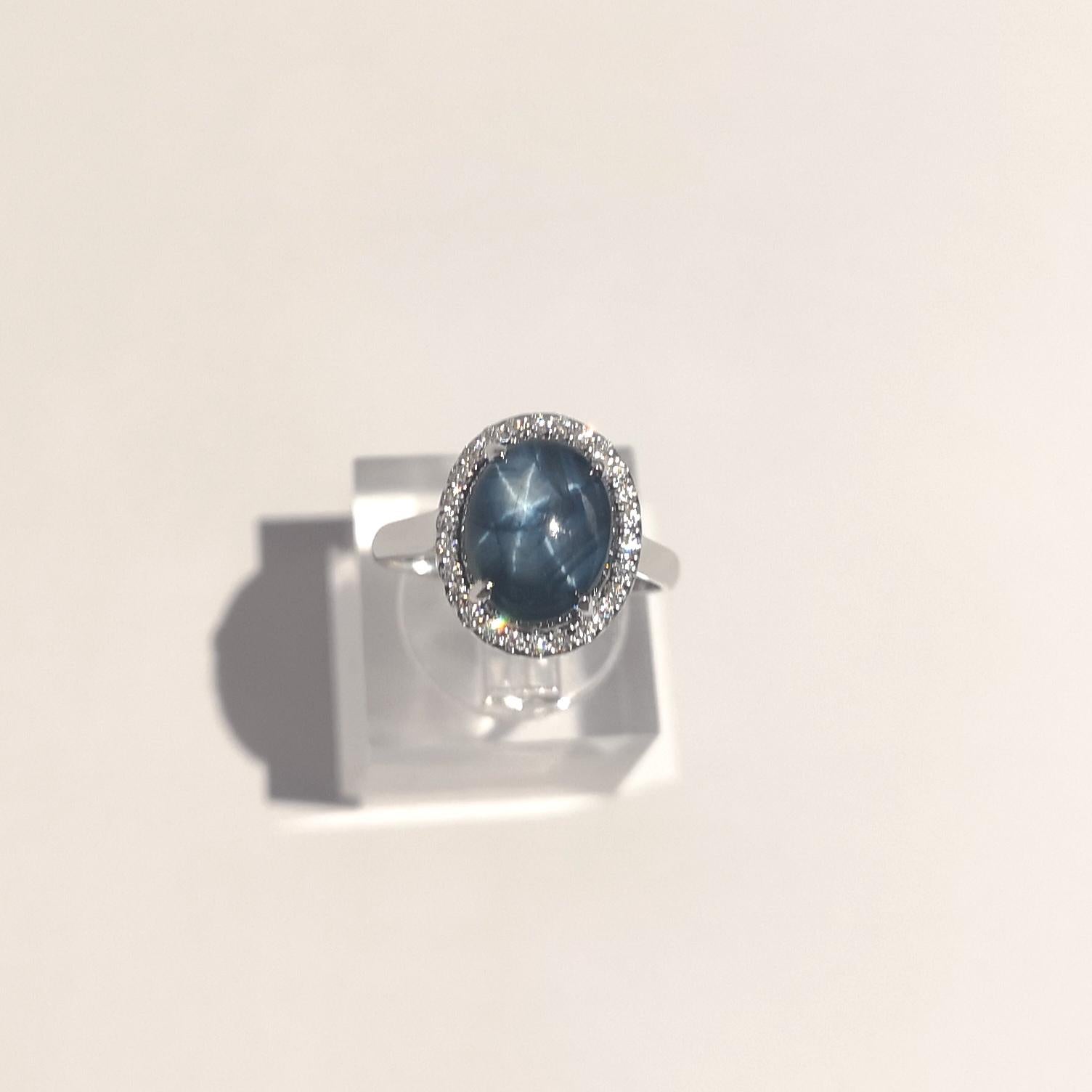 Blue Star Sapphire with Diamond Ring set in 18K White Gold Settings For Sale 7