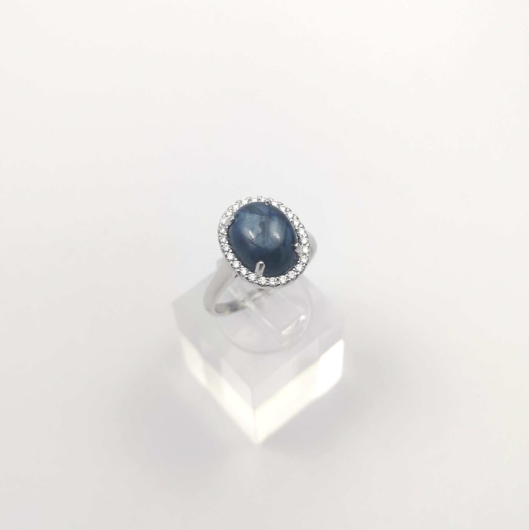 Blue Star Sapphire with Diamond Ring set in 18K White Gold Settings For Sale 8