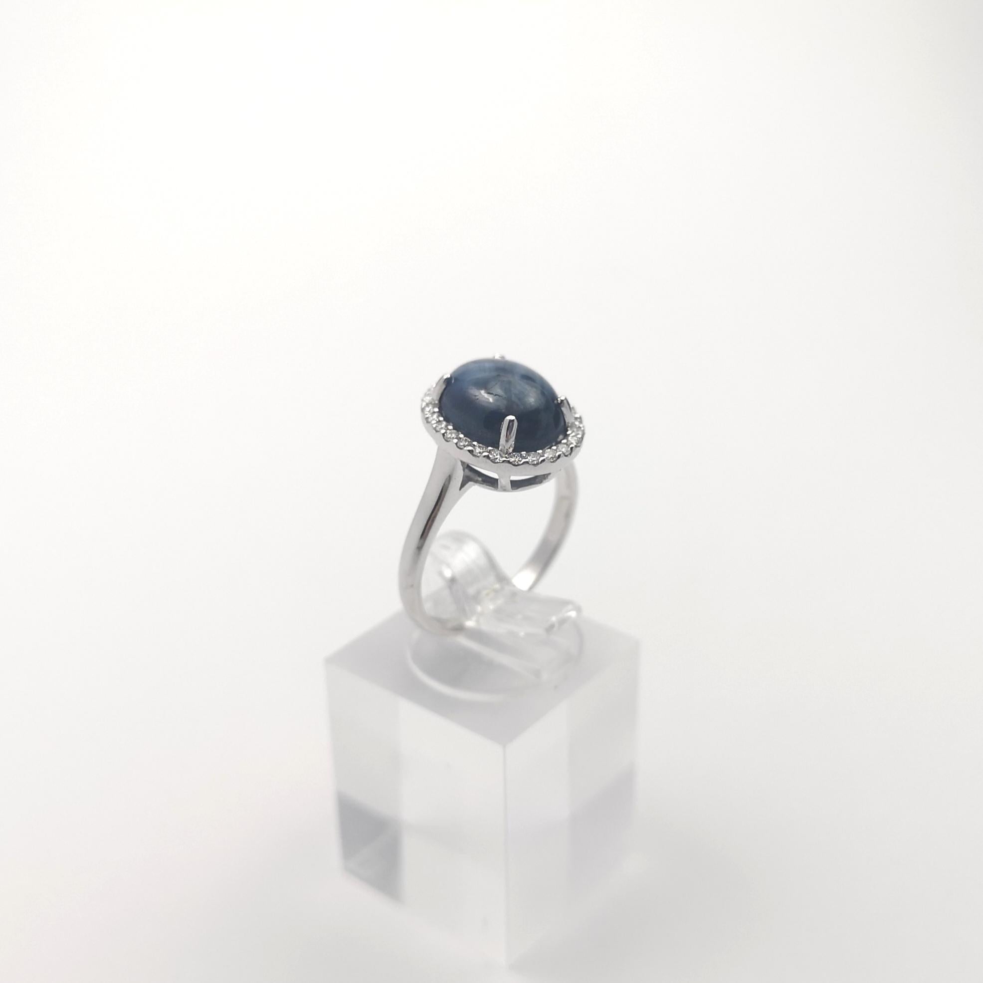 Blue Star Sapphire with Diamond Ring set in 18K White Gold Settings For Sale 9
