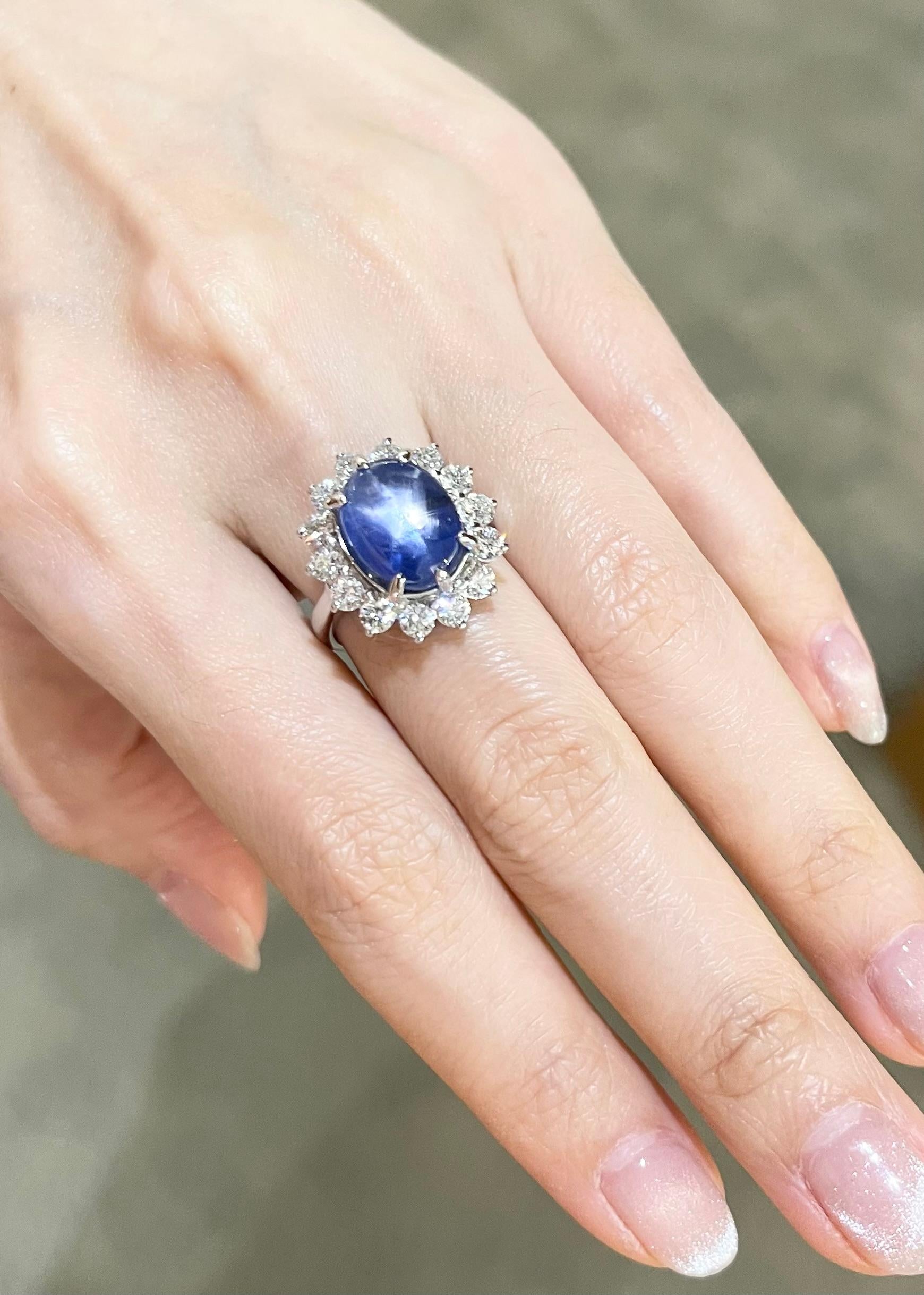 Contemporary Blue Star Sapphire with Diamond Ring set in 18K White Gold Settings For Sale