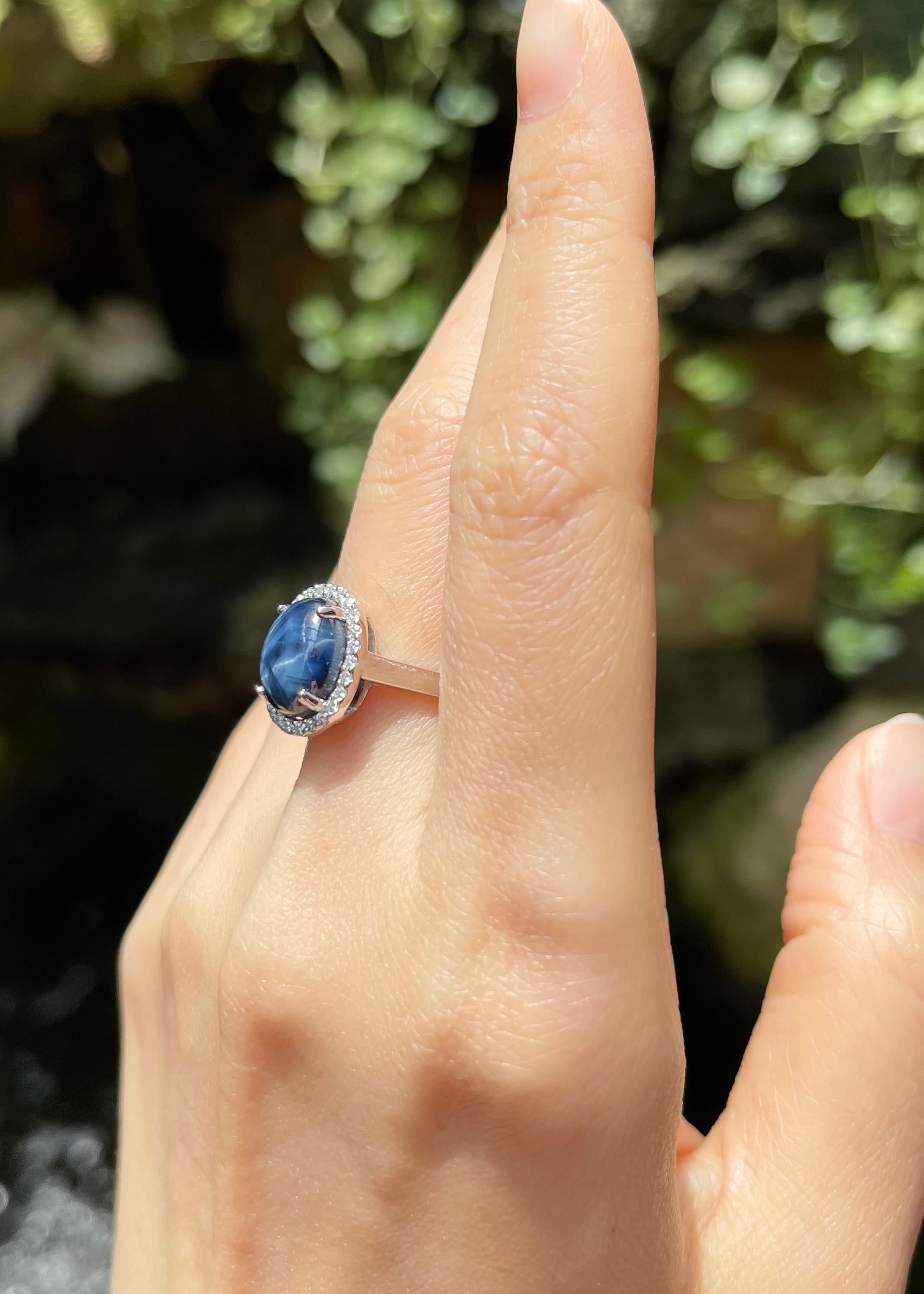 Uncut Blue Star Sapphire with Diamond Ring set in 18K White Gold Settings For Sale