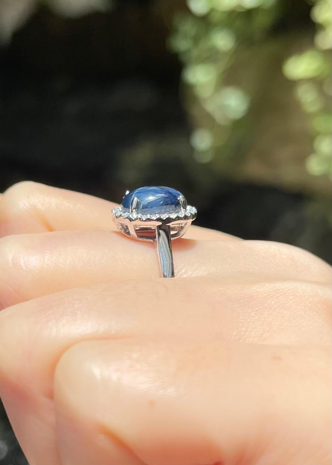 Women's Blue Star Sapphire with Diamond Ring set in 18K White Gold Settings For Sale