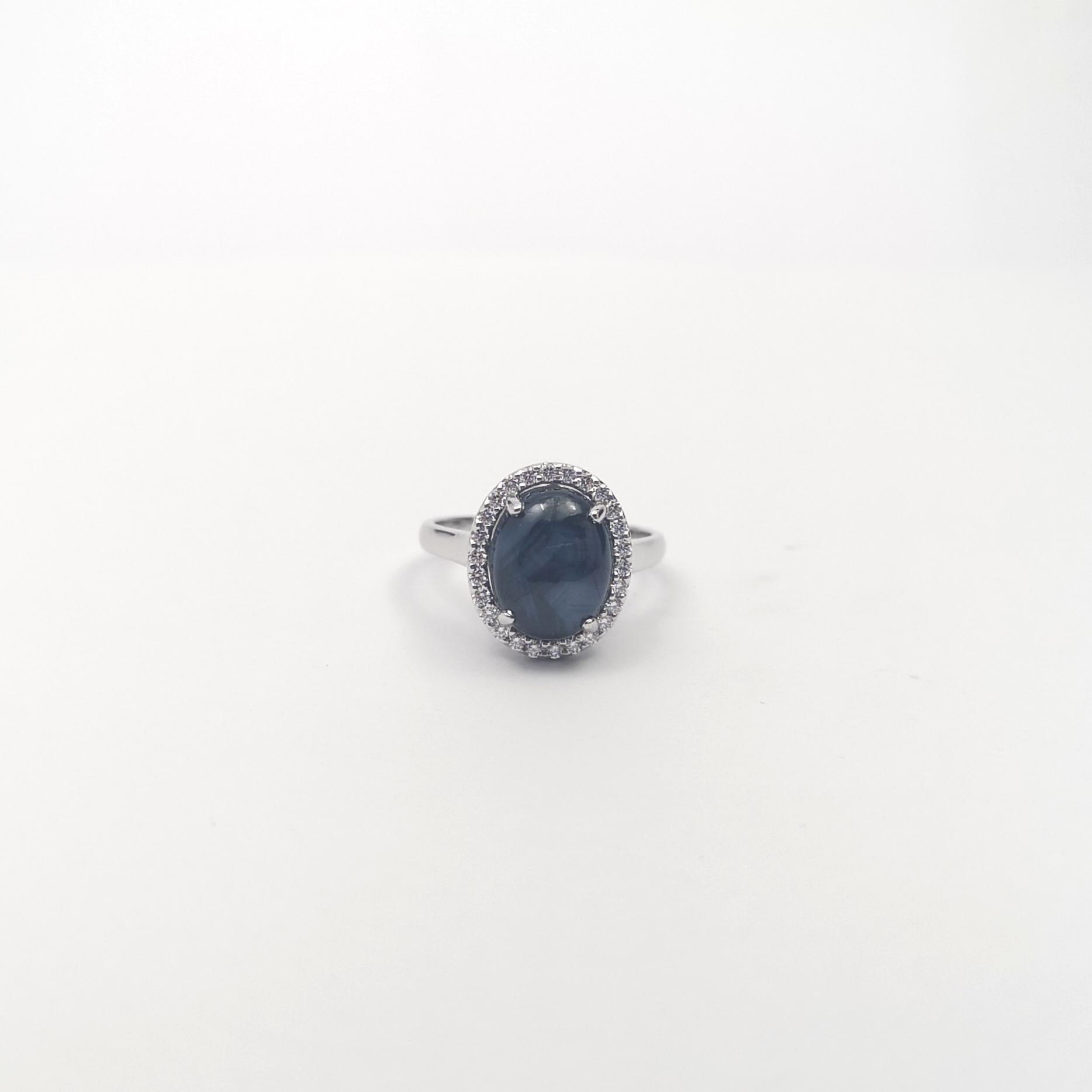 Blue Star Sapphire with Diamond Ring set in 18K White Gold Settings For Sale 1