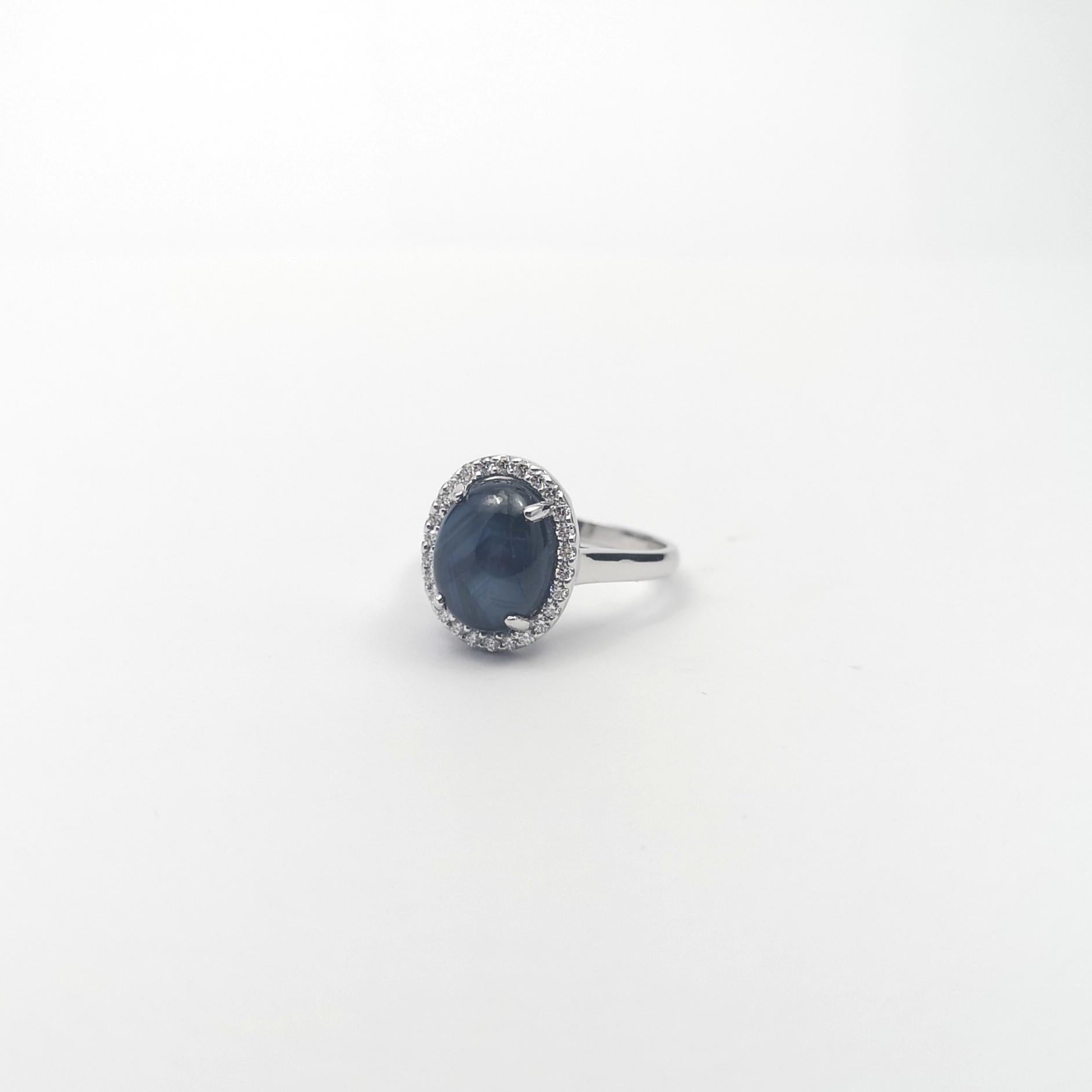 Blue Star Sapphire with Diamond Ring set in 18K White Gold Settings For Sale 2