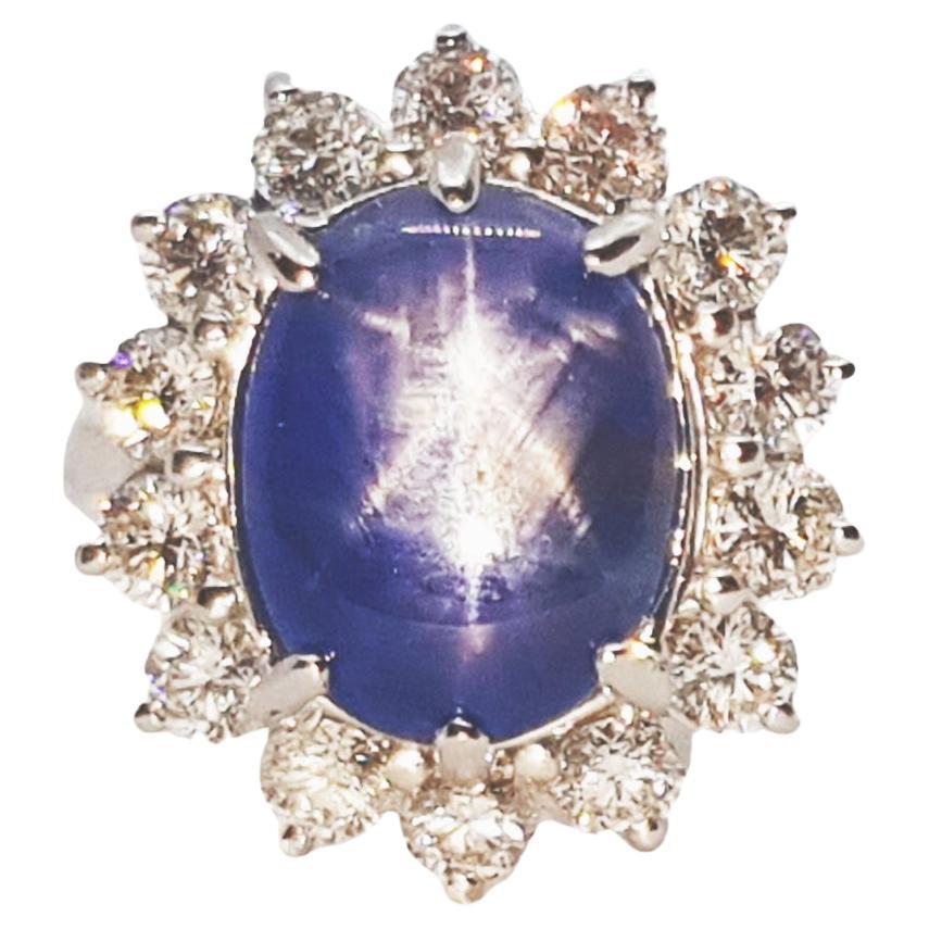 Blue Star Sapphire with Diamond Ring set in 18K White Gold Settings For Sale