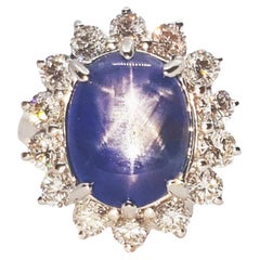 Blue Star Sapphire with Diamond Ring set in 18K White Gold Settings