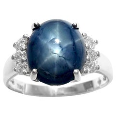 Blue Star Sapphire with Diamond Ring set in 18K White Gold Settings