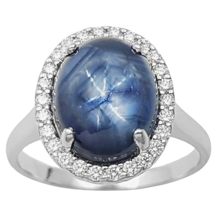 Blue Star Sapphire with Diamond Ring set in 18K White Gold Settings For Sale