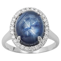 Blue Star Sapphire with Diamond Ring set in 18K White Gold Settings
