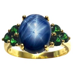 Blue Star Sapphire with Tsavorite Ring set in 18K Gold Settings