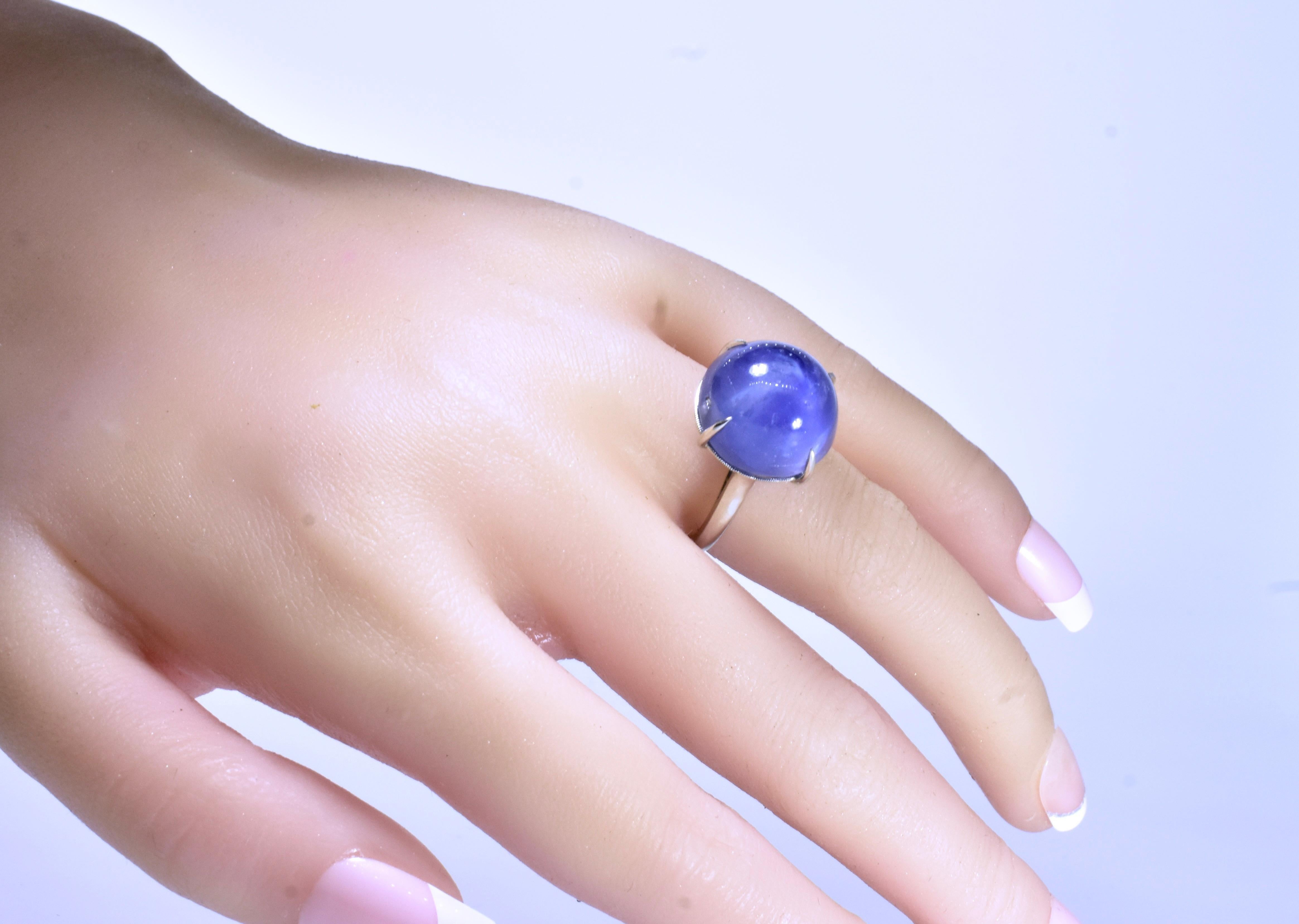 Cabochon GIA Graded Blue Star Unheated Sapphire, 32 cts Platinum New Ring Pierre/Famille. For Sale