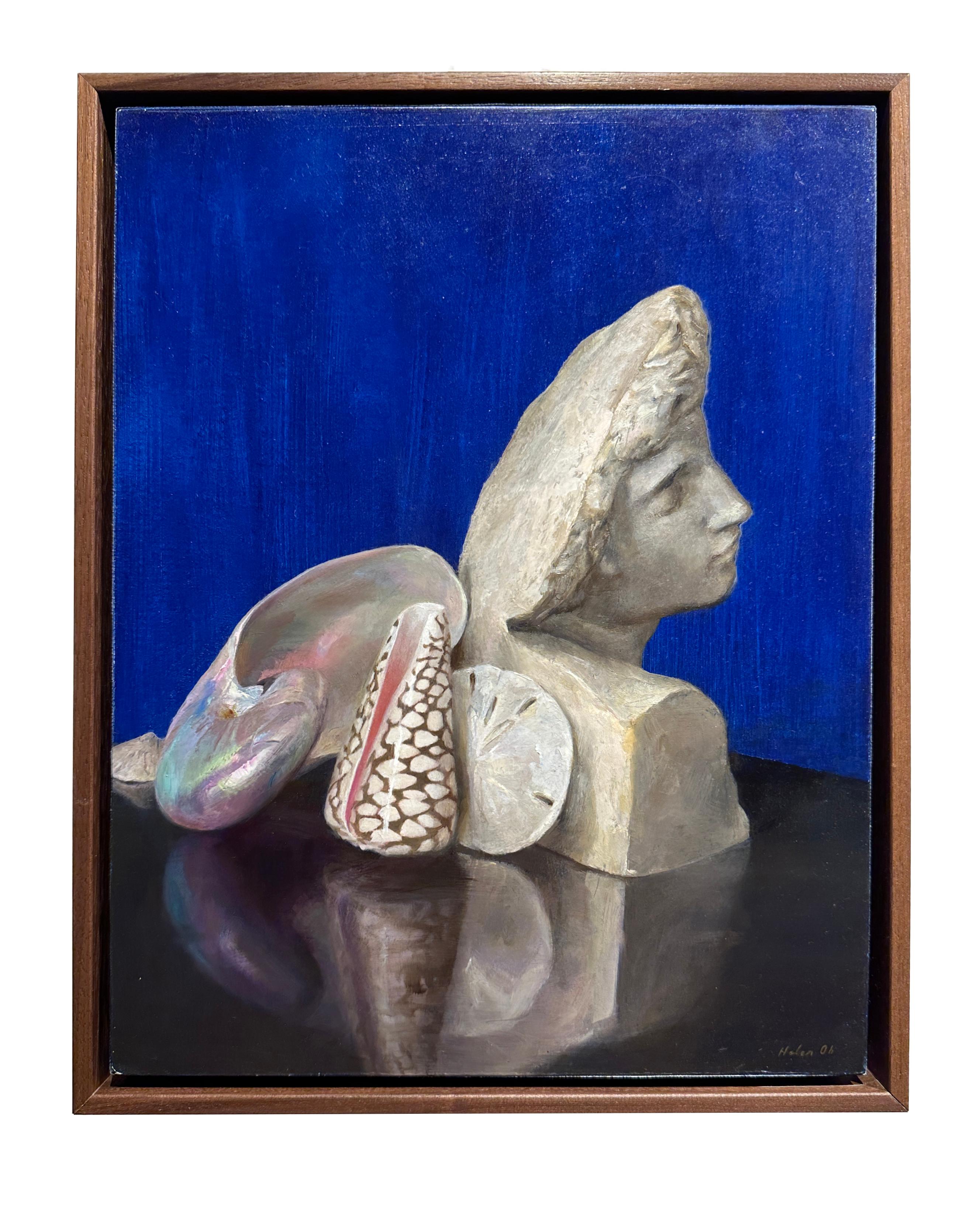 This delicately rendered still life painting is a collection of seashells leaning on a marble bust. Set on a vibrant blue background, the composition is designed to emphasize the shapes and textures of the shells. The opalescence of the abalone,